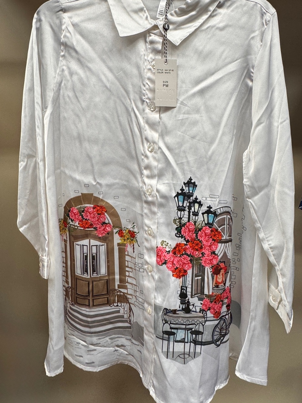 Kaktus White Button-Up Blouse with Pink Floral Street Scene